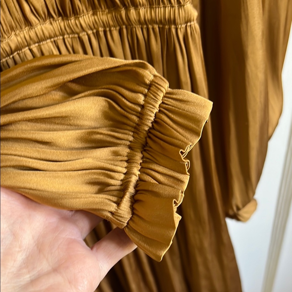 Maje Satin Ruched Rianne Gold Mini Dress - Picture 6 of 11